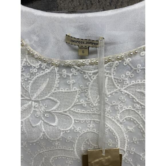 JORPOSE JORYAH White Lace Ruched Sleeve Pearls MIDI Dress Small Gorgeously New - Picture 3 of 7